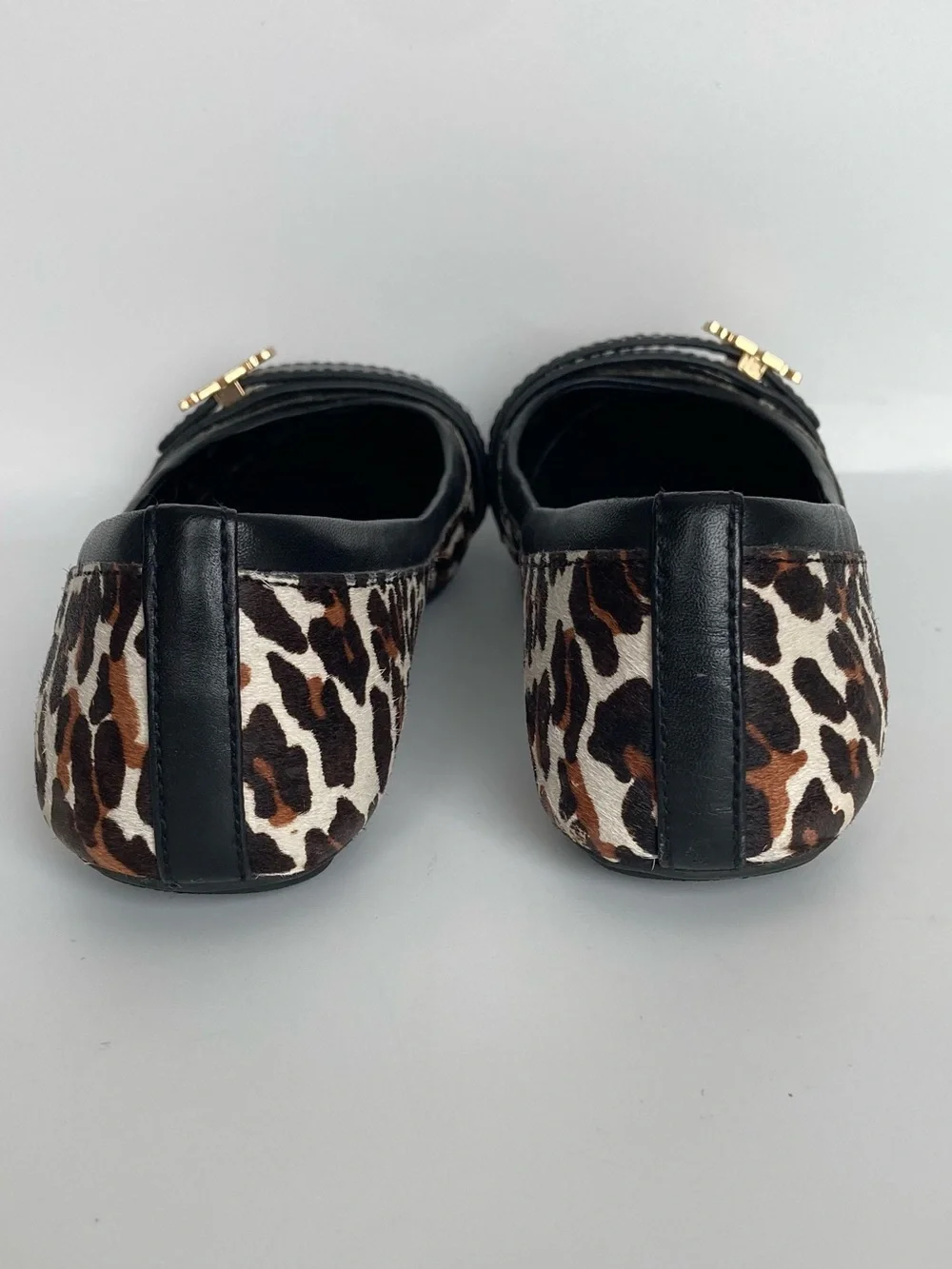 Tory Burch Eloise Black Leather & Leopard Print Cap-Toe Ballet Flats